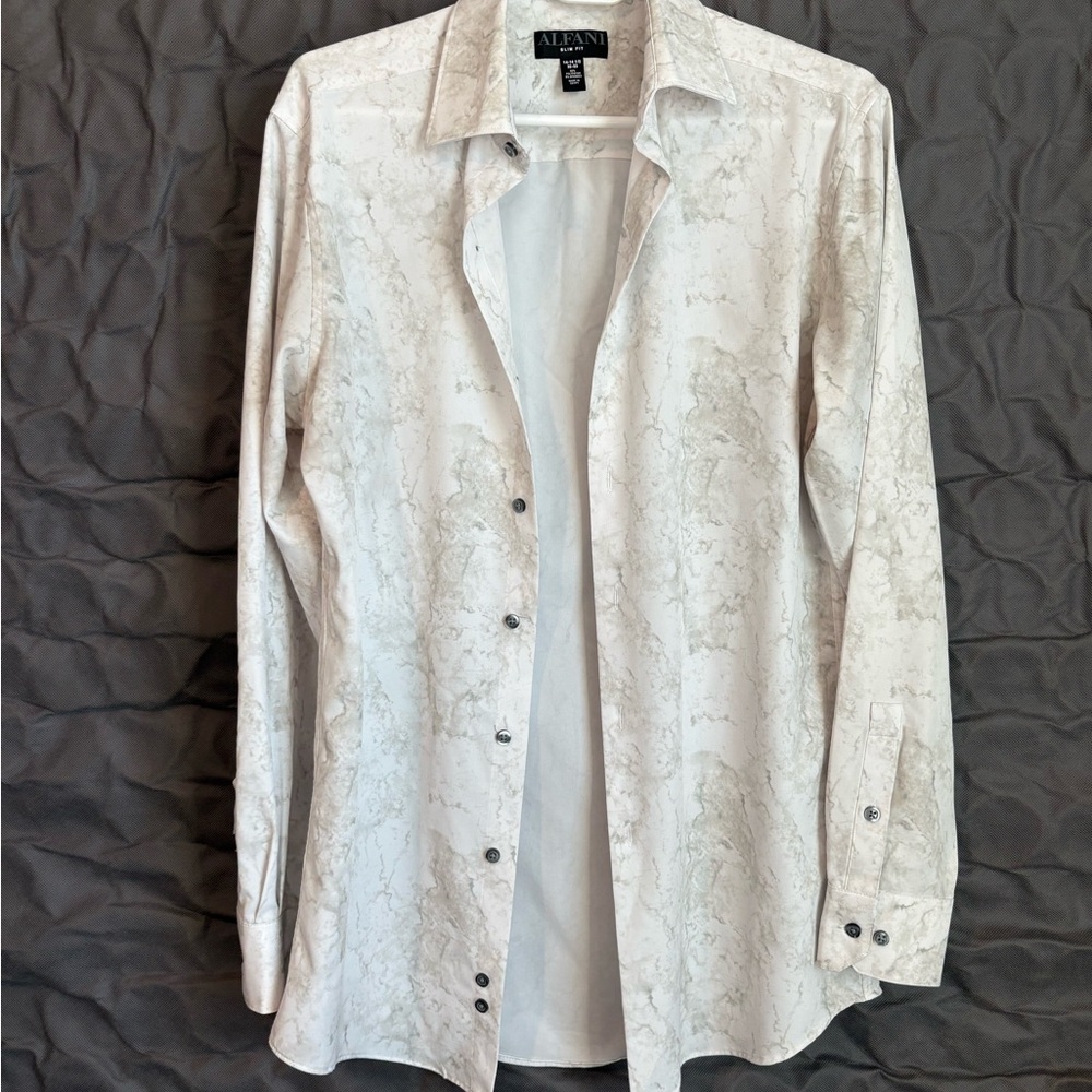Alfani Men's Marble-Print Long Sleeve Shirt - White & Gray